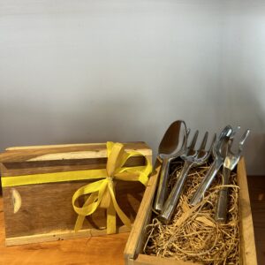 METAL GARDEN TOOLS IN WOODEN CRATE